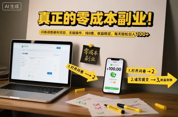 真正的零成本副业！问卷调查暴利项目，无脑操作，纯0撸，收益稳定，每天轻松日入100+【揭秘】_学通网创