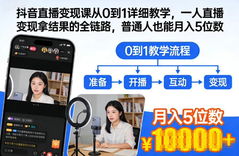 抖音直播变现课从0到1详细教学，一人直播变现拿结果的全链路，普通人也能月入5位数_学通网创