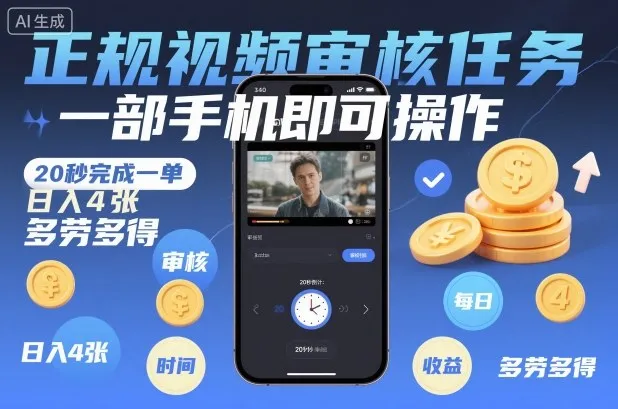 正规视频审核任务，一部手机即可操作，20秒完成一单，日入4张，多劳多得【揭秘】_学通网创