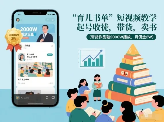 育儿书单短视频教学，起号收徒，带货，卖书(带货作品破2000W播放，月佣金2W)_学通网创