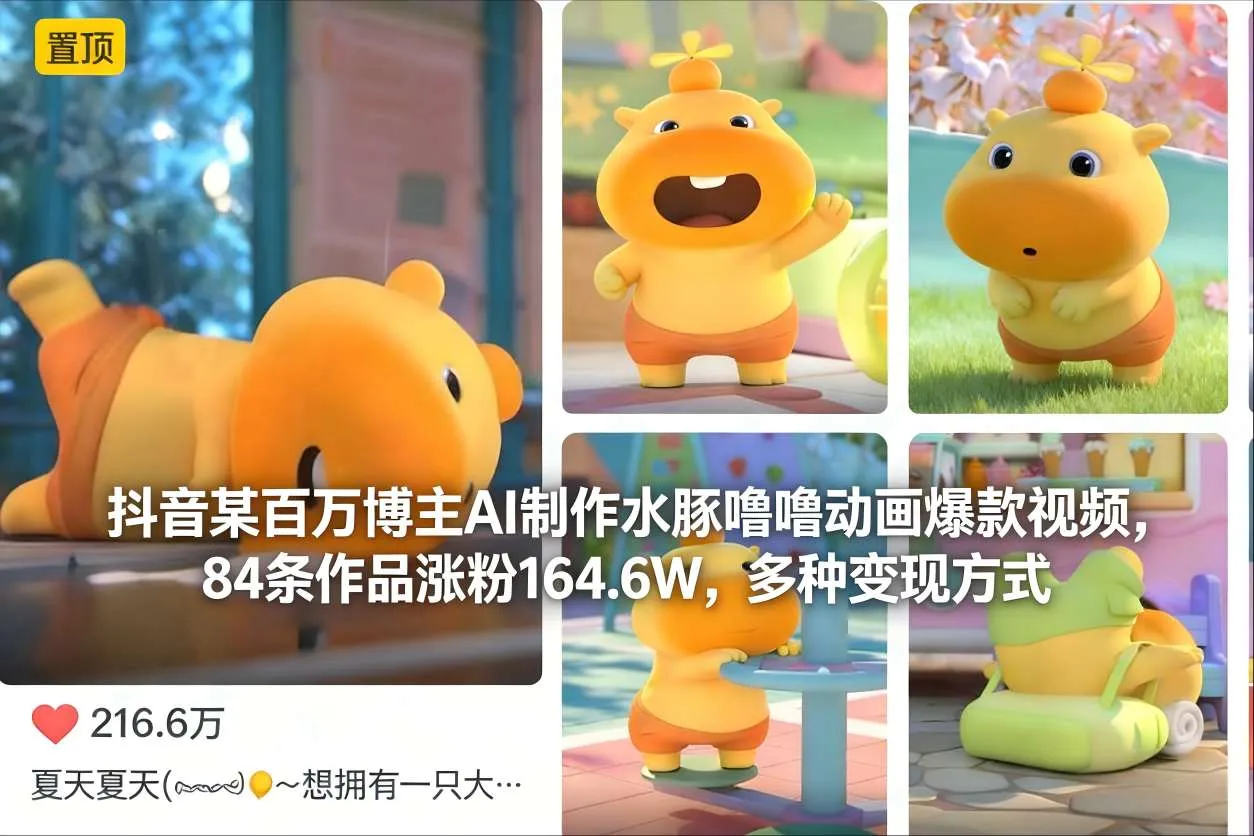 抖音某百万博主AI制作水豚噜噜动画爆款视频，84条作品涨粉164.6W，多种变现方式_学通网创