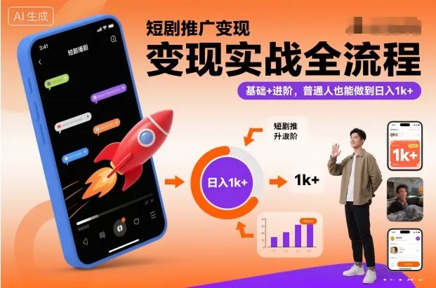 短剧推广变现实战全流程，基础+进阶，普通人也能做到日入1k+_学通网创