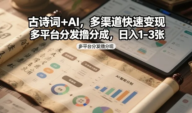 古诗词+AI，多渠道快速变现，多平台分发撸分成，日入1-3张_学通网创