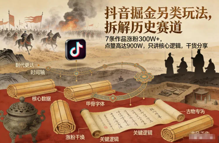 抖音掘金另类玩法，拆解历史赛道，7条作品涨粉300W+，点赞量高达900W，只讲核心逻辑，干货分享_学通网创